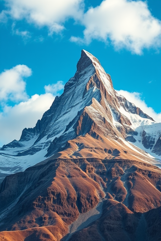 Capture a high-definition image of the Matterhorn mountain under a partly cloudy sky with vibrant blue hues, using a DSLR camera at f/8, ISO 100, shutter speed 1/250s, wide-angle lens, from a low angle to emphasize the mountain's height and grandeur.