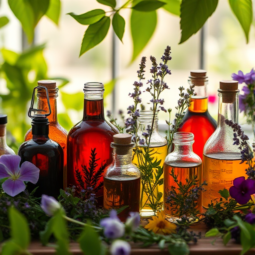 a beautifully arranged herbal apothecary scene featuring glass bottles filled with colorful liquids and surrounded by fresh herbs and flowers, soft natural light filtering through leaves, captured with a DSLR camera at f/2.8 aperture, 50mm lens, ISO 200, in a warm, atmospheric style, with a shallow depth of field for enhanced detail and quality