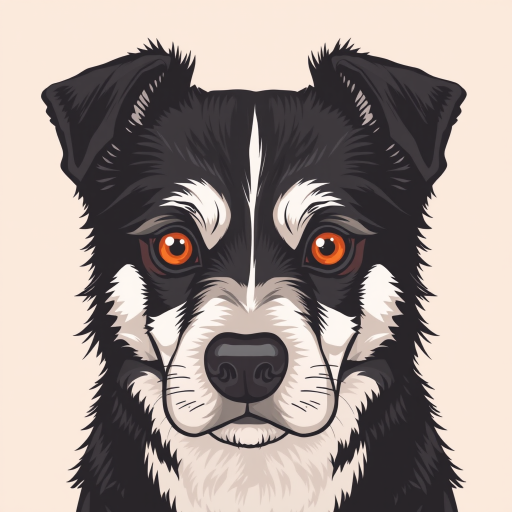 Create a detailed illustration of a black and white dog with striking amber eyes. The dog's face should be prominent and expressive, featuring a mix of fur textures. The background should be a soft, neutral color to enhance the dog's features. The overall style should be bold and graphic, emphasizing the dog's unique characteristics.