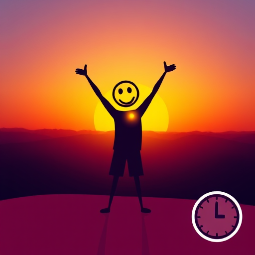 Create a high-resolution vector-style image of a joyful stick figure with raised arms on a sunrise background, accompanied by a clock icon, using a wide-angle lens at f/8, ISO 100, capturing a vibrant color palette with soft lighting to enhance clarity and detail.