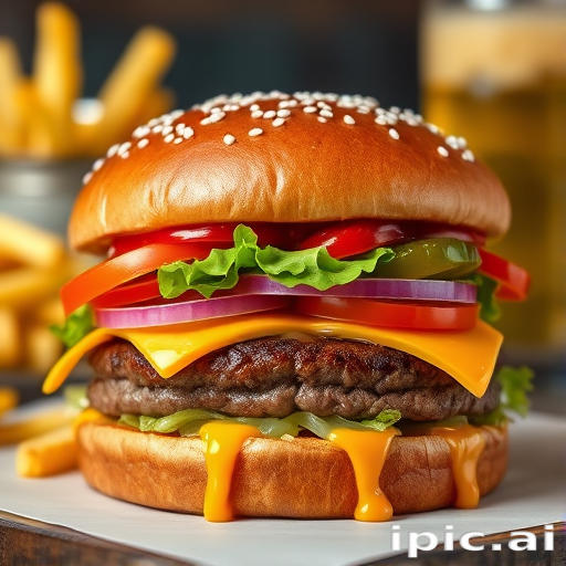 High-resolution, close-up image of a gourmet double cheeseburger. The burger features a glossy, sesame-seed-topped brioche bun. Inside, there are two thick, juicy beef patties, each topped with melted cheddar cheese. The burger is garnished with fresh lettuce, tomato slices, diced onions, and pickles. A generous amount of ketchup and a creamy, orange-colored sauce is dripping down the sides, adding to the mouth-watering appeal. In the background, there are blurred elements including a side of golden French fries and a hint of a beverage, enhancing the overall presentation of a delicious meal.