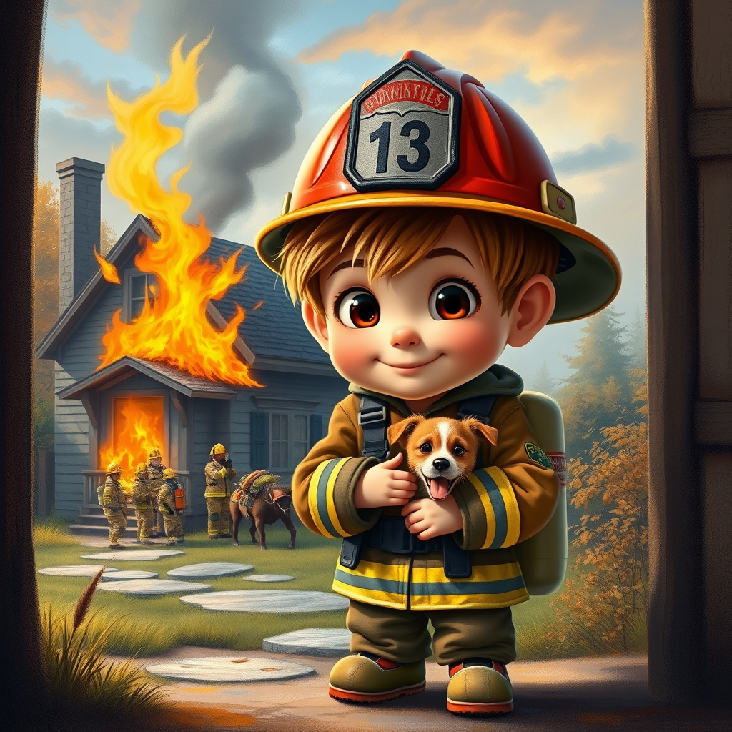 airbrushed oil painting, pixar style, cute little boy in fireman gear, helmet, tousled hair, expressive eyes, standing in the doorstep of a cottage burning behind him, holding a cute little dog in his arm, atumn sky