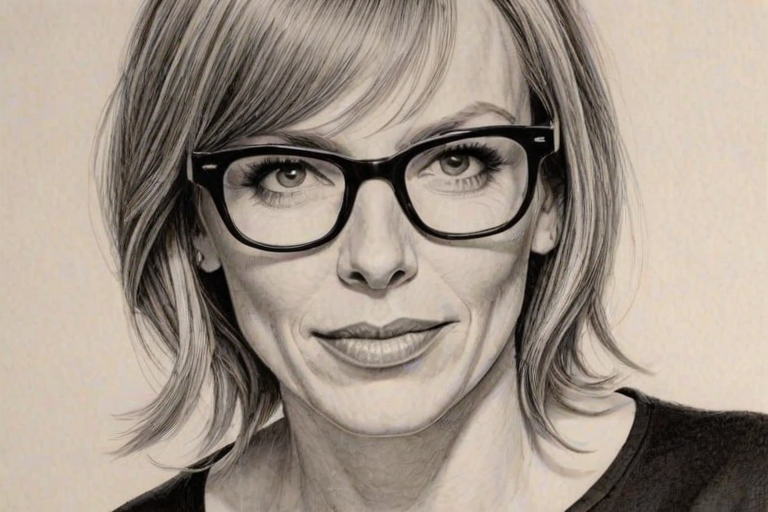 Delightful Toni Collette, pencil sketch, portrait of Appealing woman 1965s in glasses, hair style beatnik, outline, clear lines, fine lines, 8k
