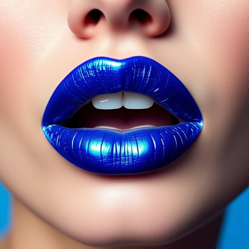 Electric blue lip color with a metallic sheen adorns precisely lined lips, creating a bold, futuristic look that demands attention and showcases flawless application