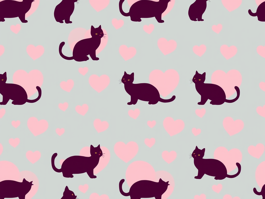 Generate a seamless pattern design featuring silhouettes of playful cats in soft pink tones with heart shapes in the background, shot with a Canon EOS R5 at f/8 with a 50mm lens, in a flat lay view to emphasize the repeating design, using vibrant colors for enhanced quality.