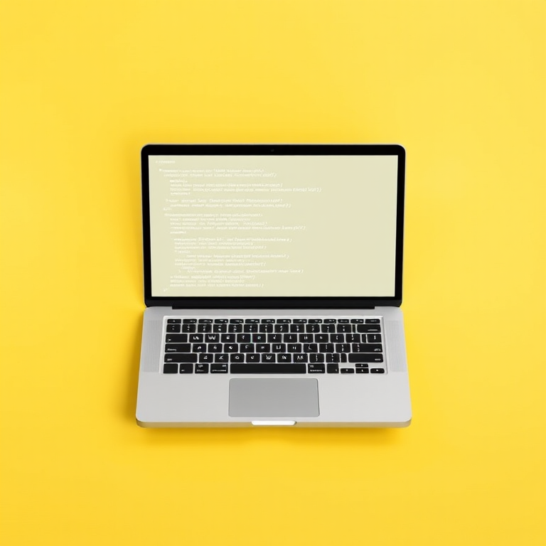 Create a minimalist illustration of a laptop on a solid yellow background displaying multiple code snippets in black and white, captured with a Canon EOS R5, lens: 24-70mm f/2.8, aperture f/8, shutter speed 1/125s, ISO 100, top-down view, flat lay style.