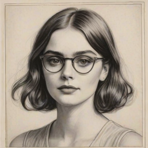 Enticing Charlotte Lawrence, pencil sketch, portrait of Pleasing woman 1927s in glasses, hair style beatnik, outline, clear lines, fine lines, 8k