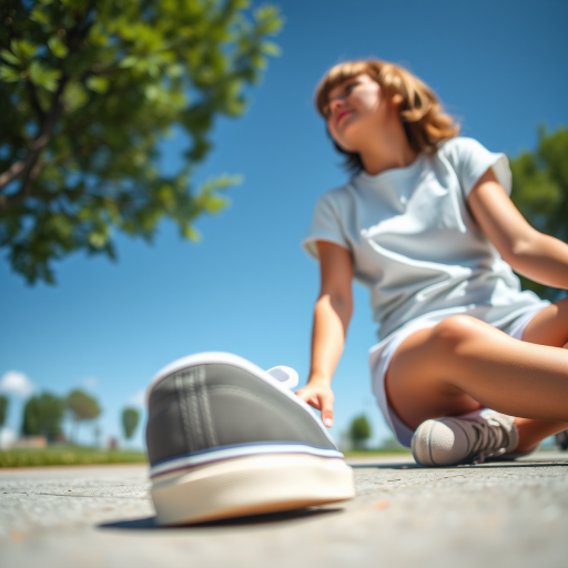 Generate an ultra-realistic, highly detailed, high-definition photograph. It's a photo of a girl sitting on the floor. She's looking at the horizon. The photo is taken from the bottom up, at ground level. The girl's sneakers are in the foreground, in the center of the scene. The girl is wearing light clothes, a t-shirt and short shorts. The sky is blue. Bright environment. The background is a blurred image of a park.