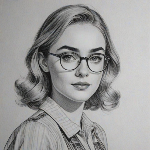 Gorgeous Meg Donnelly, pencil sketch, portrait of Pleasing woman 1938s in glasses, hair style beatnik, outline, clear lines, fine lines, 8k