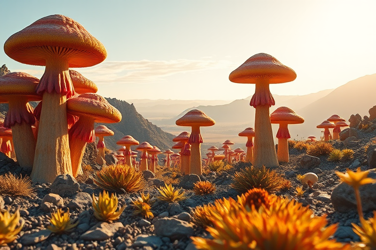Generate a vibrant alien landscape featuring towering, colorful mushroom-like plants in a surreal environment with rocky terrain, golden lighting, and distant mountains, captured with a Canon EOS R5, 24mm lens, aperture f/8, ISO 100, shot from a low angle to emphasize foreground detail and depth of field.