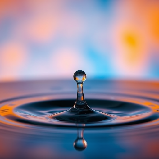 Generate an image of a water droplet falling with a vibrant blue and orange background, focusing on the ripple effect created by the impact, using a DSLR camera with a 50mm lens, aperture set to f/1.8, ISO 100, shutter speed 1/1000 sec, shot in macro style for enhanced detail and clarity.