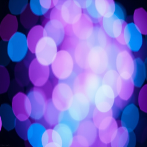 Create an abstract image of swirling multicolored bokeh lights in vibrant hues of blue, purple, and pink, using a Canon EOS R camera with a 50mm lens, aperture set to f/1.8, ISO 100, shutter speed 1/60s, capturing a shallow depth of field with a soft focus background and a high dynamic range for enhanced brightness and contrast.