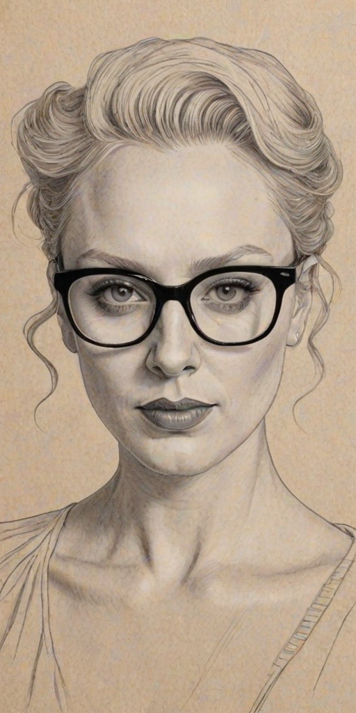 Appealing Gwendoline Christie, pencil sketch, portrait of Bewitching woman 1945s in glasses, hair style beatnik, outline, clear lines, fine lines, 8k