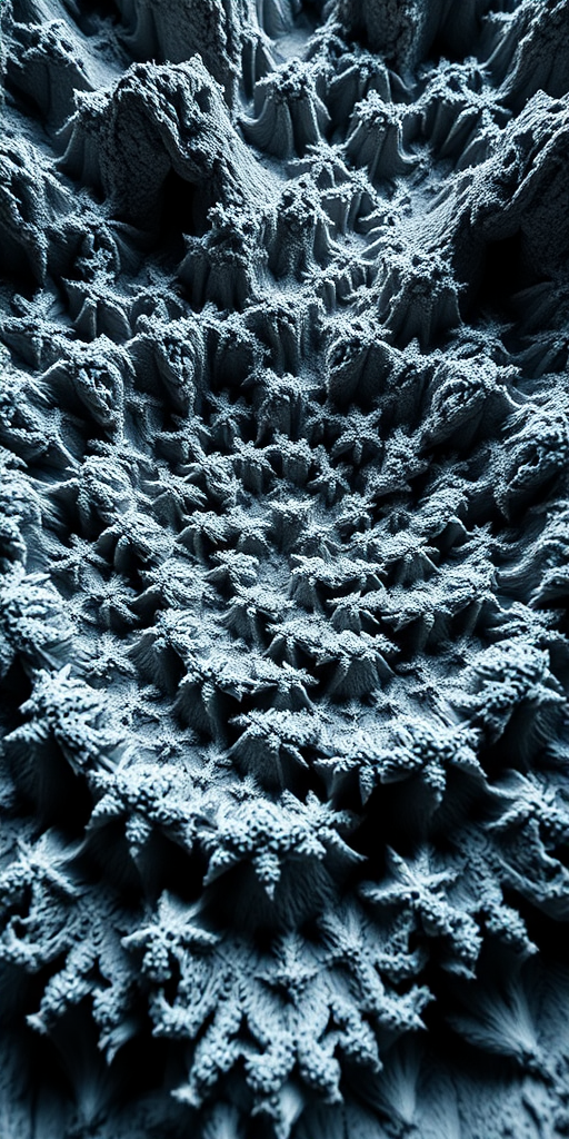 Generate a highly detailed 3D fractal image with intricate textures and depth, using a Canon EOS R5, 24mm lens, f/8 aperture, ISO 100, 1/60s shutter speed, from a low-angle perspective to emphasize complex structures and enhance shadow play.