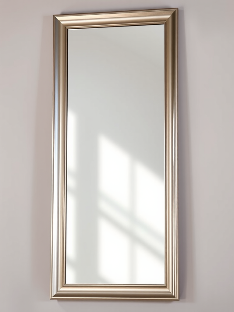Create a high-quality image of a tall, sleek, modern mirror with a shiny silver frame reflecting subtle ambient light, captured with a DSLR camera at f/2.8, ISO 100, shutter speed 1/50s, in a portrait orientation, with natural soft lighting for an elegant appearance.