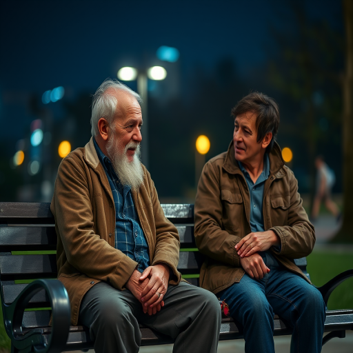 Create a high-resolution night scene image of two men sitting on a park bench, one elderly with a beard and worn clothing, the other with an unkempt appearance, engaging in a heartfelt conversation while city lights blur softly in the background, using a Canon EOS R5 with a 50mm f/1.2 lens, aperture set to f/1.8 for shallow depth of field, ISO 800 for low light conditions, and a shutter speed of 1/60s to capture detail without motion blur.