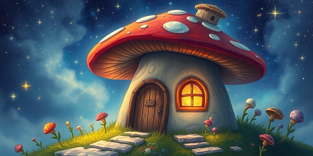 this image is illustration of a mushroom house with a door and a window, a storybook , fantasy art, mushroom house, bg starry sky, sparkles