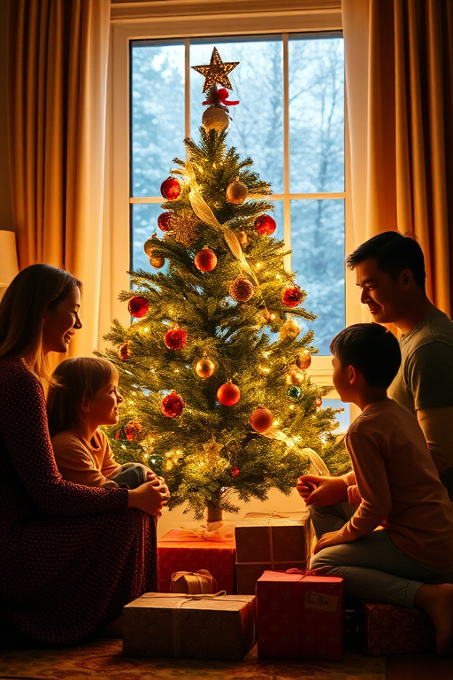 Warm, softly lit image of a family gathered around a Christmas tree, soft glow from the lights reflecting off ornaments, laughter and conversation filling the room, presents stacked under the tree, a soft snowfall visible outside the window behind them.