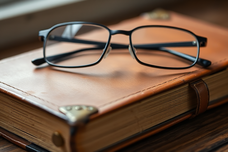 A close-up shot of an antique leather-bound book with metal corners and a pair of reading glasses resting on it, photographed with a DSLR camera, 50mm lens, f/2.8 aperture, ISO 100, soft natural lighting, and a shallow depth of field to enhance detail and texture.