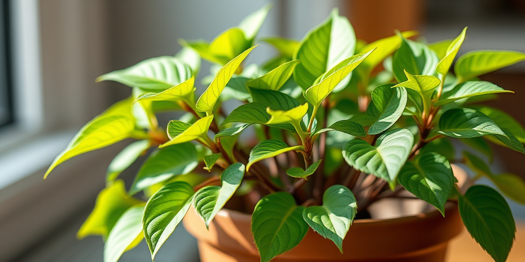 Create a highly detailed digital illustration of a potted plant with vibrant green leaves, using a 50mm lens at f/2.8, ISO 100, with a shallow depth of field, shot from an eye-level perspective, in a contemporary style, simulating a high-resolution DSLR camera.