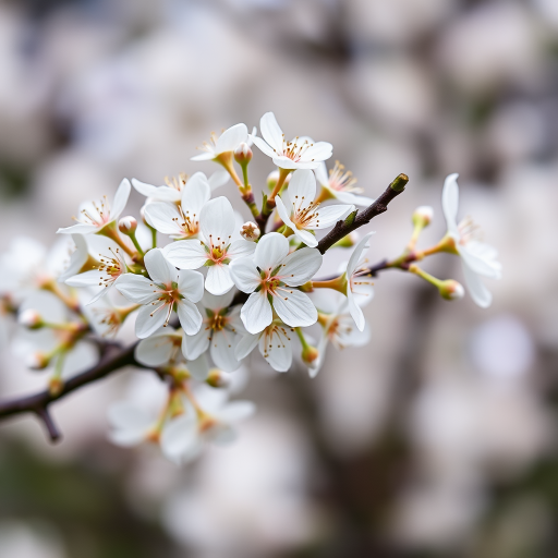 capture close-up of blooming white flowers on branches with soft bokeh background, shallow depth of field, f/2.8 aperture, 1/200s shutter speed, ISO 100, natural light, DSLR camera, 50mm lens