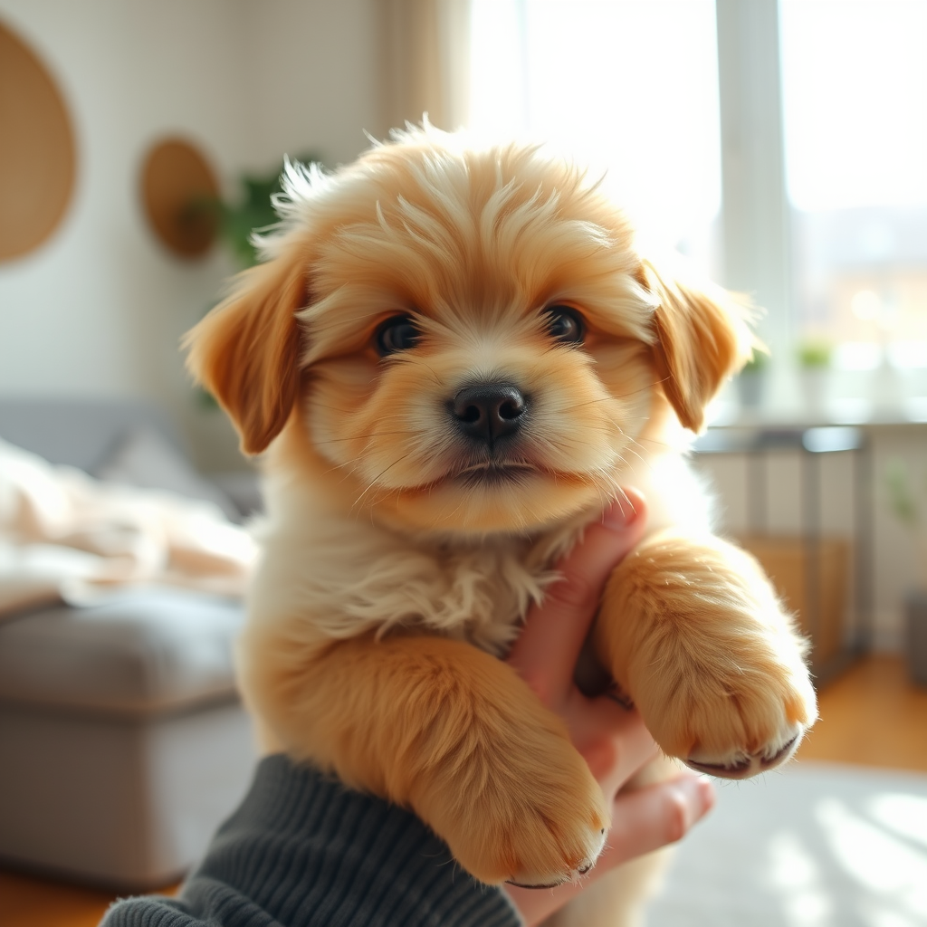 Generate an image of a fluffy light brown puppy being held by a person with a cozy indoor background featuring sunlight and soft textures the puppy has a cute expression with big eyes and a small nose