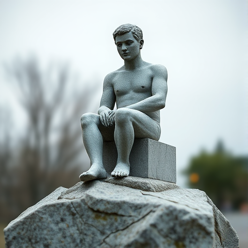 Create a hyper-realistic 3D rendering of a stone statue of a seated figure on a rock, using a DSLR camera with a 50mm lens, f/1.8 aperture, ISO 100, and a shallow depth of field, captured from a slightly low angle to emphasize the statue's features and textures.