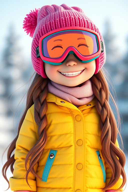 Create a 3D render of a cheerful girl with long brown hair wearing a pink beanie and ski goggles, dressed in a yellow jacket and blue pants, standing on a snowboard, with a snowy background, captured with a DSLR camera at f/2.8, ISO 100, 50mm lens, 1/200s shutter speed, in bright daylight.