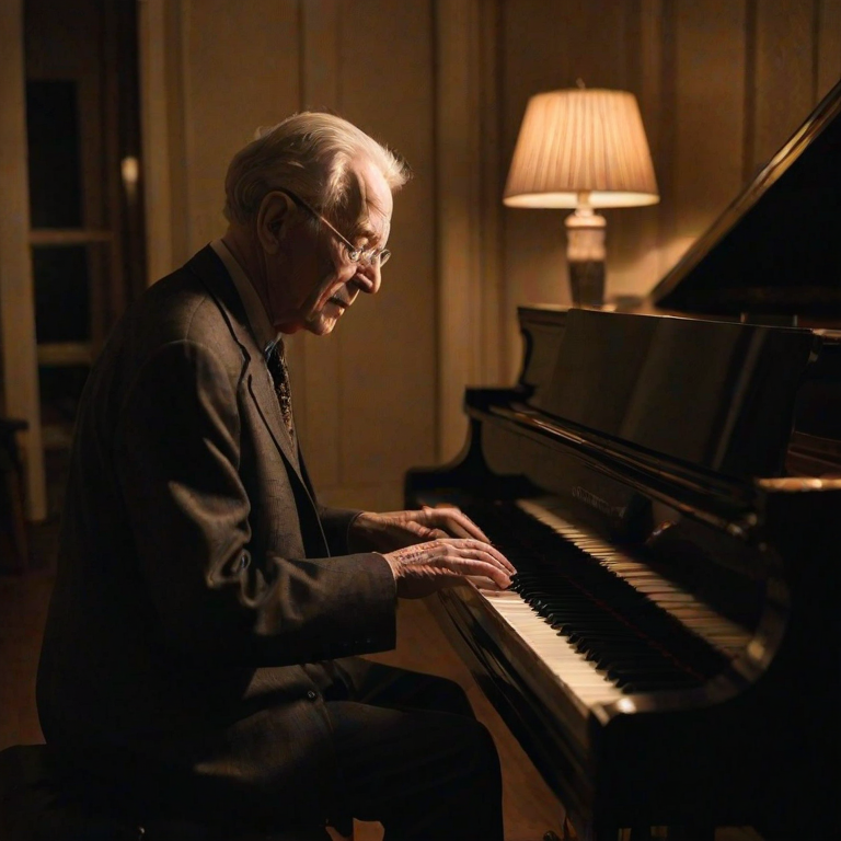 Warmly lit, intimate photo of an elderly man playing a grand piano in a dimly lit room, soft light from a nearby lamp casting shadows on the sheet music, with a faint reflection in the piano's glossy surface.