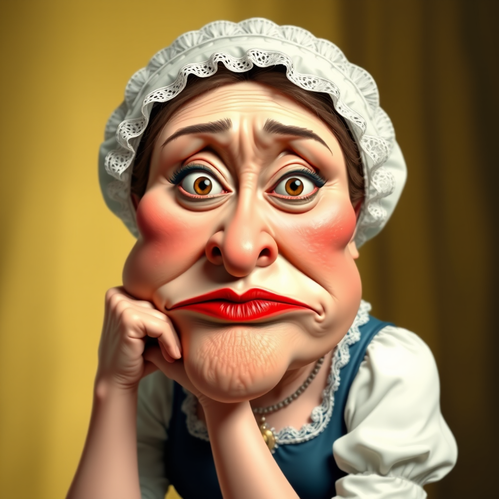 The image is a caricature of a woman with exaggerated features. She is wearing a white bonnet with lace trim and a white blouse with a blue bodice. She is leaning her chin on her hand with a bored or tired expression. Her lips are full and pouty, her cheeks are round and puffy, and her eyes are wide and slightly crossed. Her nose is long and thin, and her brows are furrowed. She is wearing a necklace with a large, ornate pendant. The background is a soft, blurry yellow. The overall effect is humorous and slightly grotesque.