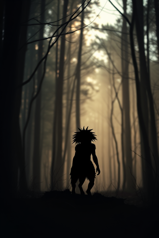 Create an image of a detailed black silhouette of a mystical creature in a forest setting, shot with a Canon EOS R5 at f/2.8, ISO 100, 1/200s, using a wide-angle lens to capture depth and atmosphere, with soft lighting to enhance contrast and texture.