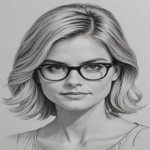 Radiant Eliza Coupe, pencil sketch, portrait of Delightful woman 1966s in glasses, hair style beatnik, outline, clear lines, fine lines, 8k