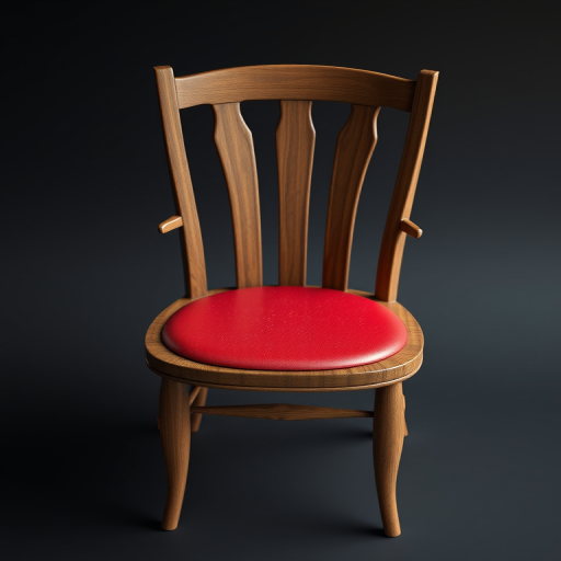 Create a realistic 3D rendering of a wooden chair with a red seat, using a DSLR camera with a 50mm lens, aperture f/2.8, ISO 100, and a shallow depth of field, positioned at eye level with a focus on texture and detail.