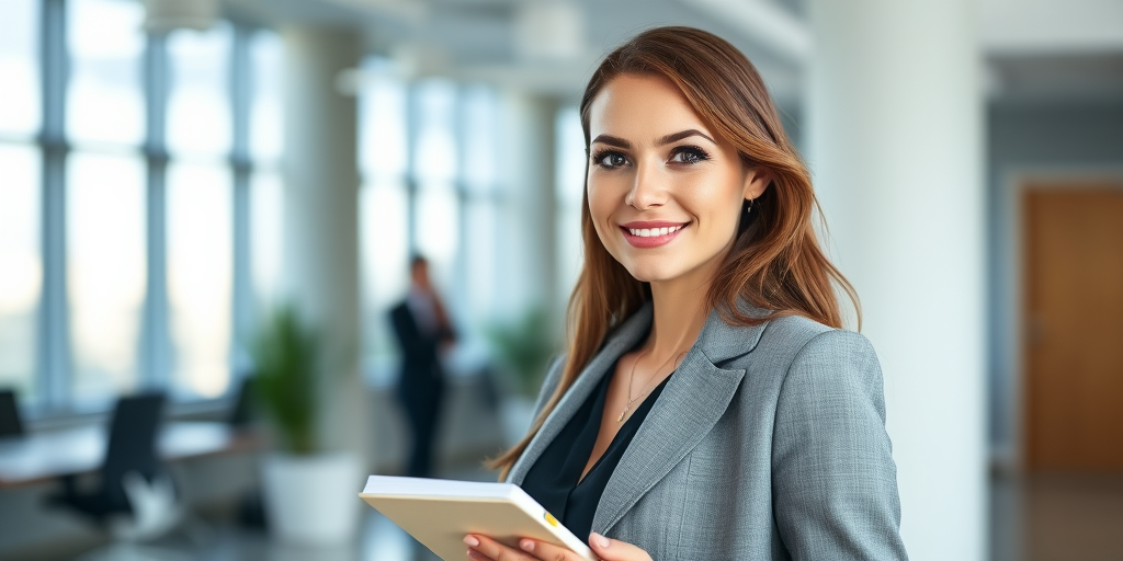 professional businesswoman in a modern office, holding a notebook and pen, natural light illuminating her face, soft focus on background, aperture f/2.8, ISO 200, shutter speed 1/60s, 50mm lens, portrait orientation, DSLR camera