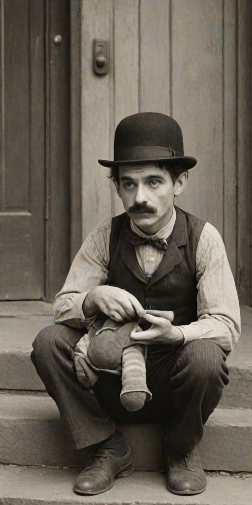 A black-and-white photograph of a man and a child sitting on steps in front of a doorway. The man is dressed as a tramp with a bowler hat, mustache, and ragged clothes, reminiscent of Charlie Chaplin's iconic look. He is sitting with his arms crossed and an expression of slight sadness or frustration. Next to him is a young boy, also in worn clothes and a cap, sitting with his hands clasped, looking thoughtful. The background is an old, textured wall and a partially open door, creating a vintage, early 20th-century atmosphere.