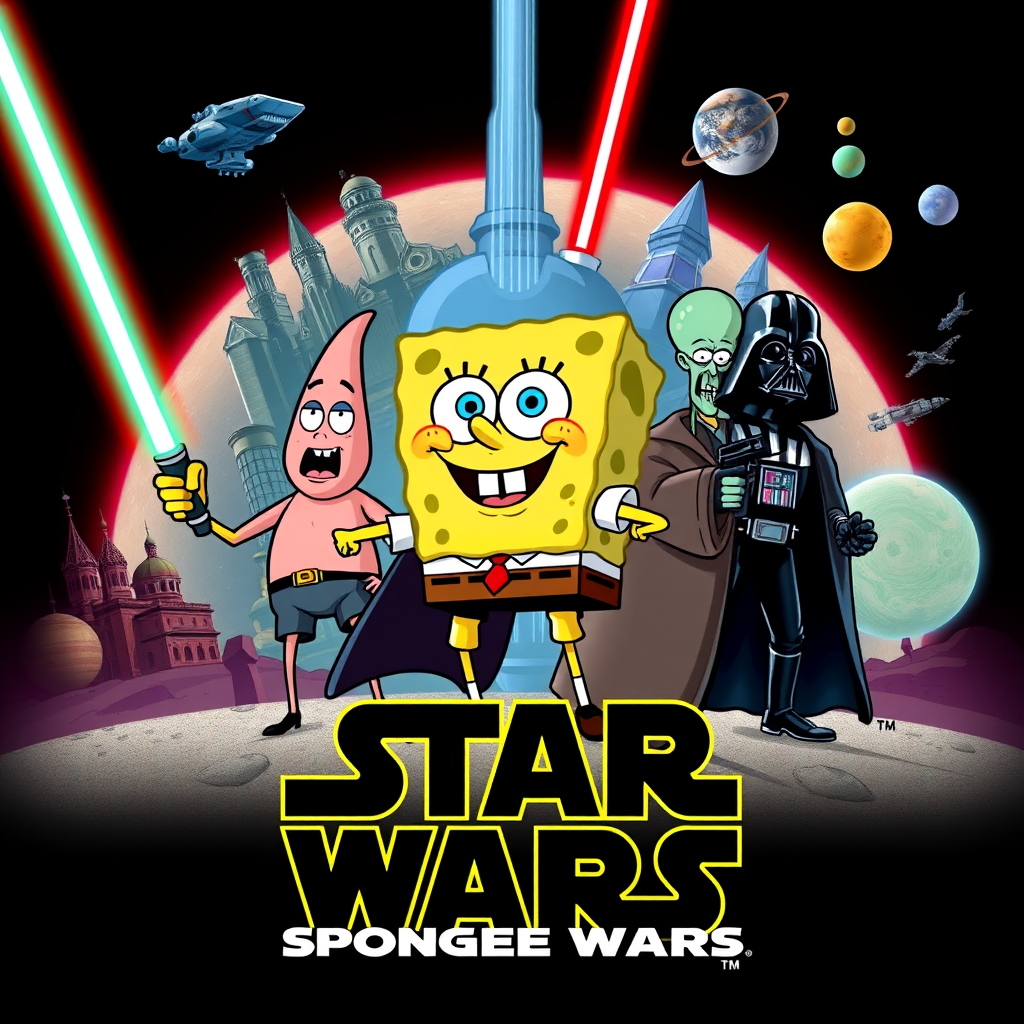 Create a parody of the Star Wars poster with SpongeBob as Luke Skywalker, holding a glowing spatula like a lightsaber. Patrick Star takes the role of Han Solo, holding a blaster, while Squidward is Obi-Wan Kenobi, draped in robes. In the background, Plankton appears as Darth Vader, with Bikini Bottom’s landmarks reimagined as spaceships and planets. The iconic Star Wars logo is swapped for "Sponge Wars," creating a playful, sci-fi adventure scene.