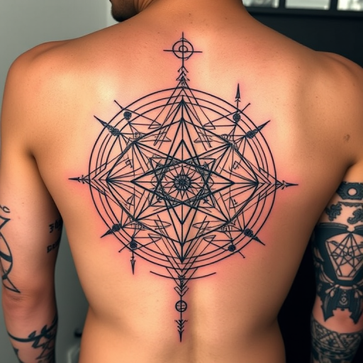 Geometric tattoo entitled "Sacred Symmetry" showcasing a complex arrangement of overlapping shapes and lines that form a harmonious and balanced design, incorporating elements of sacred geometry and ancient symbols to create a visually striking and spiritually meaningful piece, perfect for those who appreciate mathematical precision and hidden symbolism in their body art.