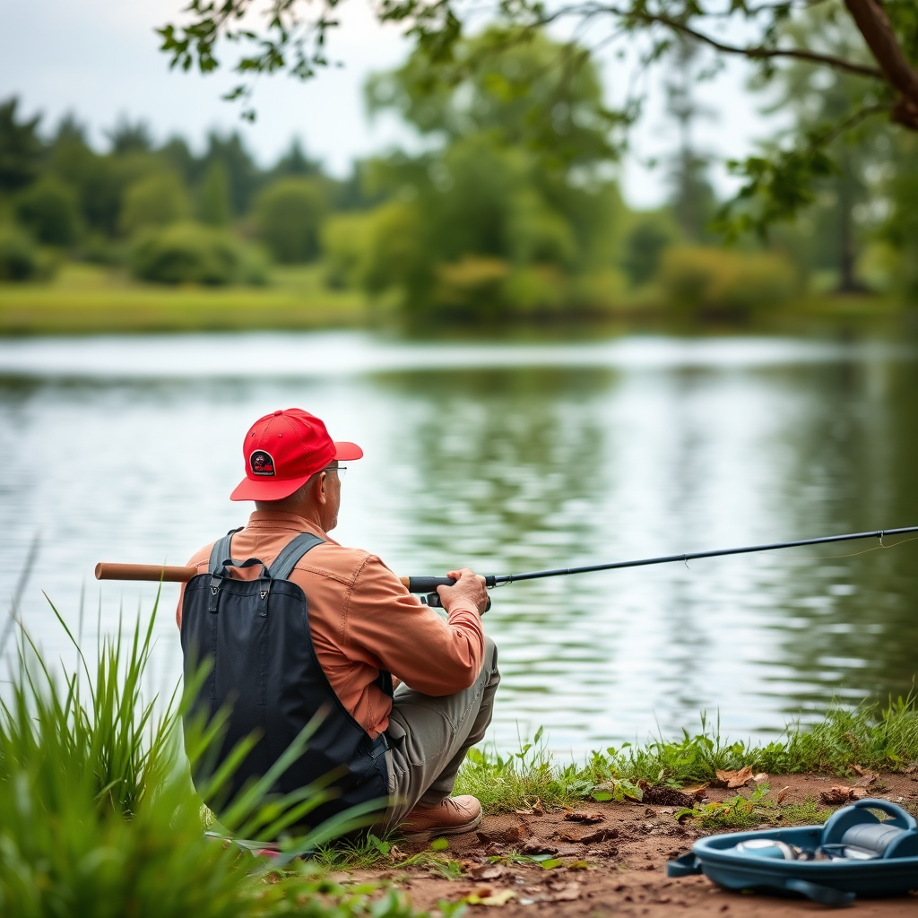 A fisherman sitting by a serene lake, wearing a red cap and casual clothes, holding a fishing rod, surrounded by lush greenery, captured with a DSLR camera at 50mm, f/2.8 aperture, ISO 100, in natural light, shallow depth of field, and soft focus on the background.