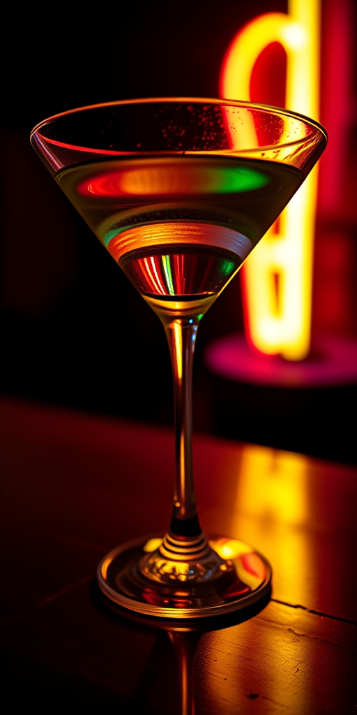 Create a neon-style image of a martini glass with a glowing effect against a dark background, captured with a DSLR camera at f/2.8, ISO 100, and a 50mm lens, using a low-angle view and soft-focus technique to enhance vibrancy and depth.