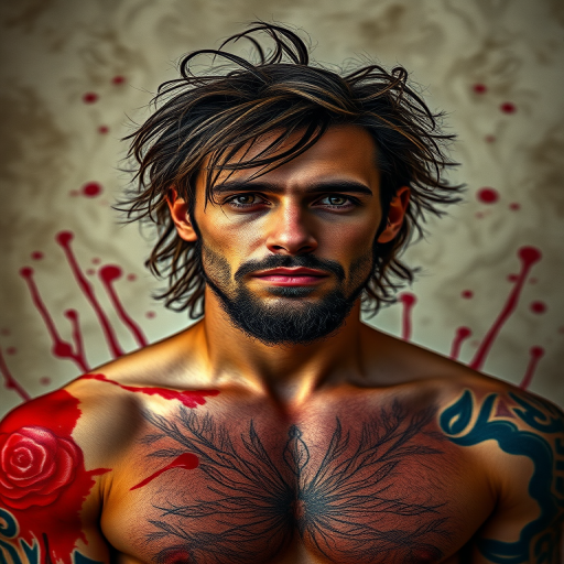 Create a high-resolution portrait of a man with long, messy hair and tattoos, set against a textured background with splashes of red ink, captured in a shallow depth of field with a DSLR camera, 85mm lens, aperture set to f/1.8, ISO 100, natural lighting for enhanced detail and contrast.