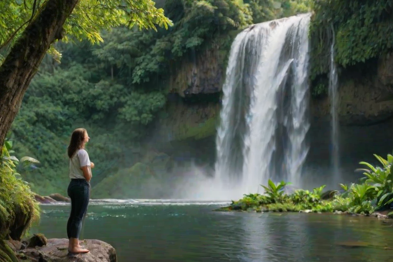 Scenic waterfall surrounded by lush greenery, a woman standing at the edge, gazing at the cascading water, creating a moment of reflection and peace.