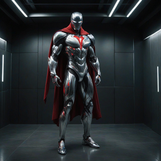 An ultrarealistic photograph of an enormous minimalist futuristic full-body power suit, without lights, made of white metal and polymer, full crystal hull, for a muscular man, imposing, modern minimalism, elegant, dystopia, mysterious, godlike, scary, in a dark room, with a red cape, 8k
