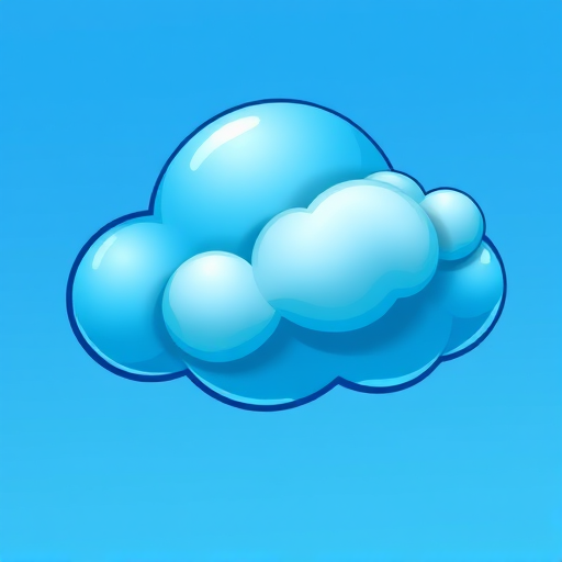 Create a vibrant blue cartoon cloud with soft edges and a glossy finish, using a 50mm lens with aperture f/1.8, ISO 100, shot from a low angle perspective, in a digital art style.