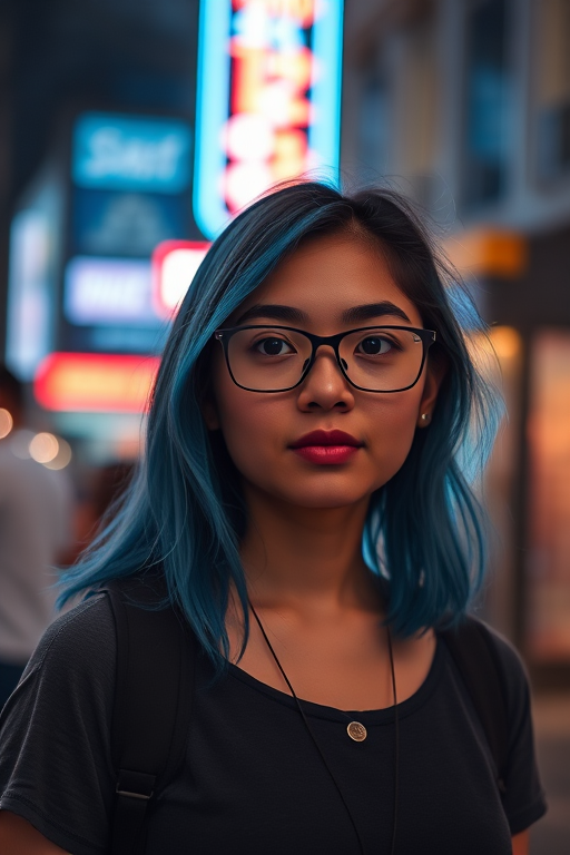 portrait of a young woman with glasses and blue hair standing in front of a neon light, softly illuminated, 50mm lens, f/1.8 aperture, ISO 200, 1/125 shutter speed, ambient city night setting
