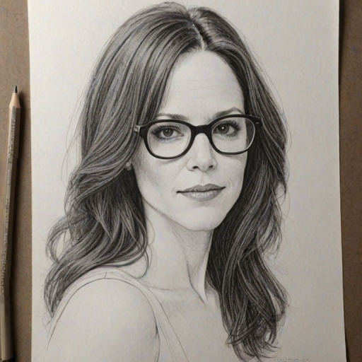 Alluring Mary Louise Parker, pencil sketch, portrait of Fascinating woman 1979s in glasses, hair style beatnik, outline, clear lines, fine lines, 8k