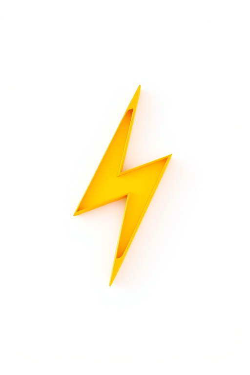 Create a 3D-rendered image of a stylized lightning bolt logo with vibrant yellow and orange colors, placed against a white background, using a Canon EOS R5 camera with an aperture of f/2.8, ISO 100, and a 50mm lens, shot from a slightly elevated angle to emphasize depth and shadows.