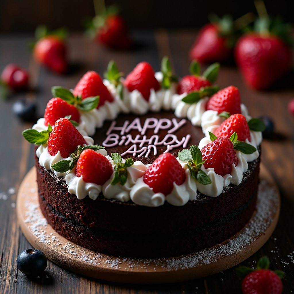 black forest gateau cake, spelling out the words "HAPPY BDAY AMR", tasty, food photography, dynamic shot