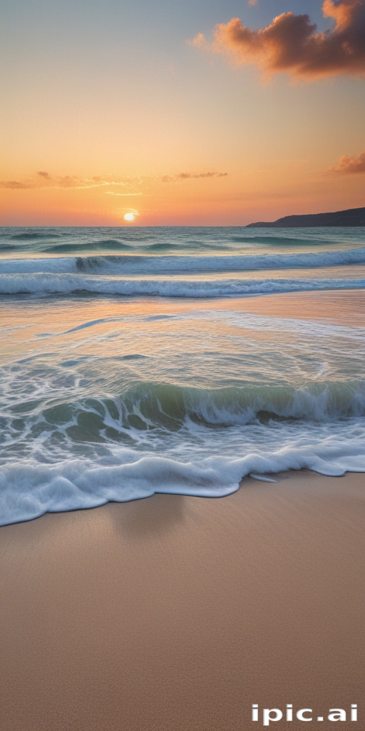 Serene Sunset Over Gentle Waves Lapping on Tranquil Sandy Beach