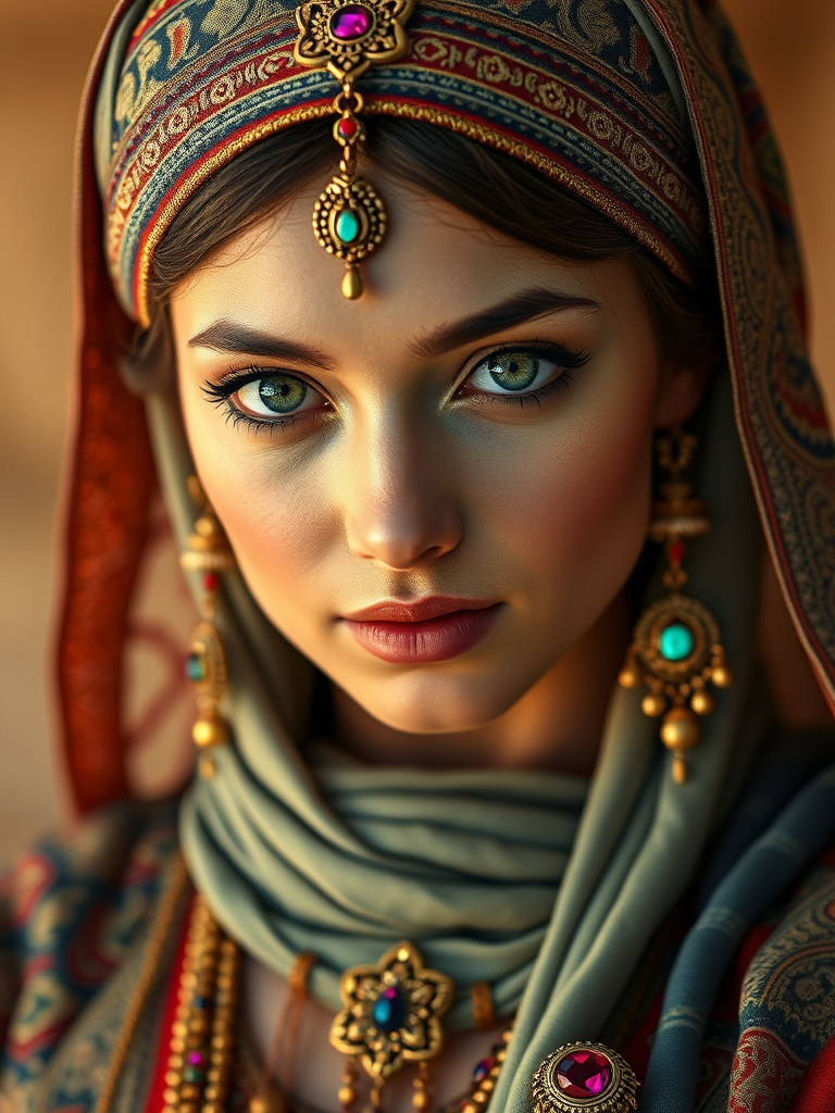 Create a portrait of a beautiful Arab woman with striking green eyes and a gentle expression. She is adorned in traditional attire with intricate patterns, including a richly embroidered headscarf and matching garments. Her jewelry includes a delicate headpiece, dangling earrings, and ornate bracelets, all featuring vibrant gemstones and detailed metalwork. The background is soft and warm, enhancing the rich colors of her outfit and jewelry.