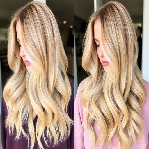 Soft, buttery blonde hair is the foundation for the "Golden Hour" style, featuring long, flowing layers that catch the light beautifully. Subtle balayage highlights in warm honey and pale wheat tones create dimension and movement. The hair is styled in loose, beachy waves that evoke the relaxed elegance of a sun-kissed California girl.